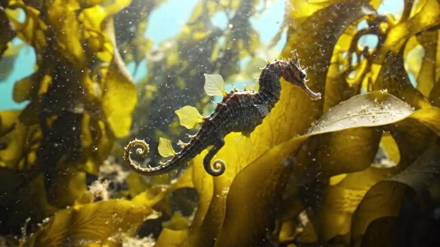 Seahorse Amongst Kelp: A majestic seahorse navigates through a dense underwater forest of swaying kelp, its intricate form a marvel of marine adaptation and beauty.