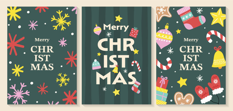 Christmas greeting card collection with cute hand drawn elements. Vector illustration