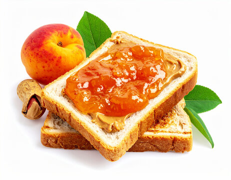 Peanut butter and apricot preserves sandwich, white background. AI