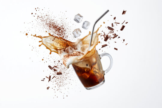 flying glass mug of iced coffee splashing with foam ice cubes metal straw and chocolate flakes