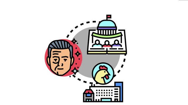 Vector depicting an interconnected cycle of government proceedings. A mature man's transformation or improved appearance