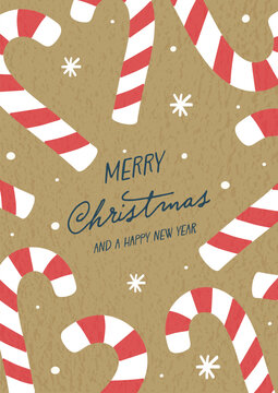 Christmas greeting card with cute hand drawn holiday candy cane. Vector illustration