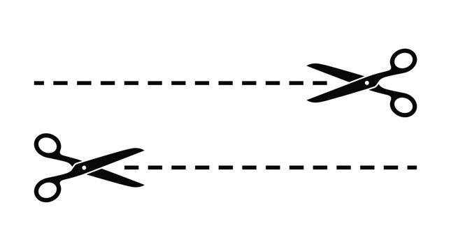 Two black scissors with dashed cutting lines, representing a cut here instruction for coupons, paper crafts, and packaging