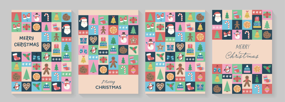 Merry Christmas card set in modern geometric style with hand drawn holiday doodles. Vector illustration