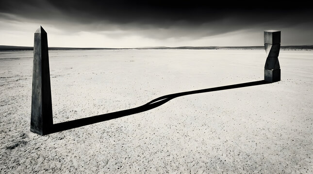 Two abstract stone monoliths standing on a vast dry desert landscape