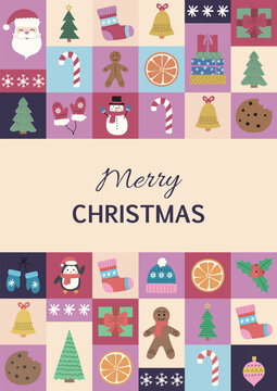 Christmas greeting card in modern geometric style with cute hand drawn holiday doodles. Vector illustration