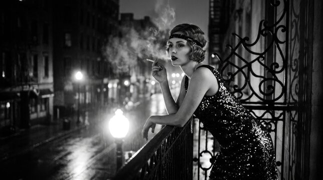 Flapper woman in sequin dress smoking cigarette on balcony, 1920s retro vintage style, looking at urban night street with wet reflection pavement, glamorous jazz age fashion portrait.
