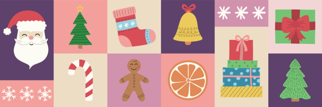 Merry Christmas background in modern geometric style with hand drawn holiday decorations. Vector illustration