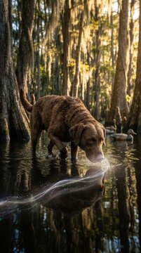 Brown hunting dog standing in swamp water, using keen sense of smell, tracking invisible scent trail, nasal olfaction perception, sniffing odor particles, outdoor canine search detection instinct.
