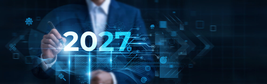 Corporate Businessman Presenting 2027 New Year Business Growth and Success