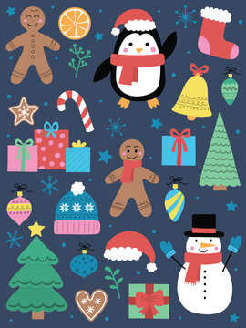 Christmas decoration collection. Icon set with Santa Claus, Snowman, Christmas tree and presents. Vector illustration