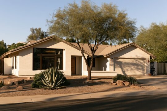 a modern stucco house with a large tree in the front yard and desert landscaping