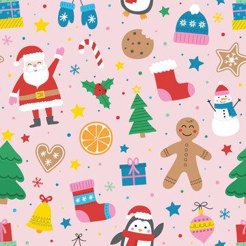 Christmas background. Seamless pattern with cute hand drawn holiday doodles. Vector illustration