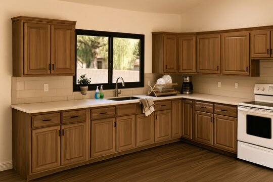 a modern kitchen features light wood cabinets and a sink with a window overlooking a yard