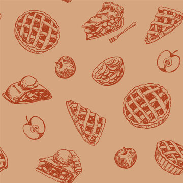 Apple pie, strudel, pastries,  seamless pattern, monochrome sketch illustrations, hand-drawn