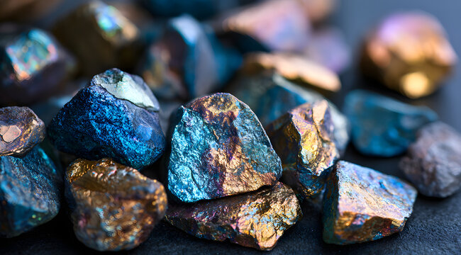 A close-up view of unprocessed rare earth minerals exhibits a metallic luster. Adjacent stones emit a vibrant glow, displaying a spectrum of blue and gold. These valuable components are utilized in cu