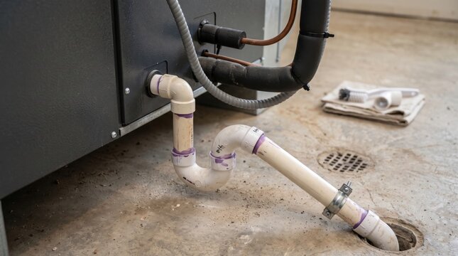 Heat pump condensate drain system professional close-up installation with proper pipe slope and secure fittings