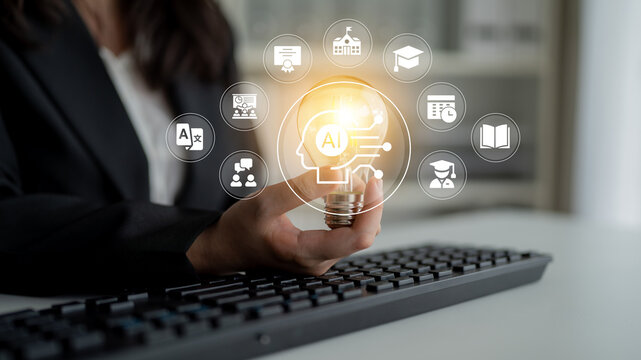 Business professional holding a light bulb with artificial intelligence icons representing innovation, technology, and education in a modern office environment Ledger.