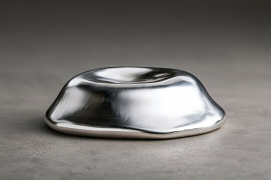 Single flattened droplet of liquid mercury like metal with mirror polished chrome surface on matte gray concrete, minimalist macro studio photography