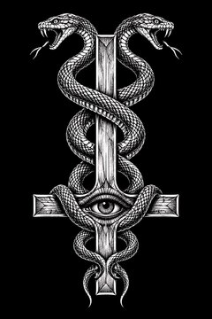 Gothic tattoo design featuring an inverted cross entwined with twin snakes and an all-seeing eye. Occult symbol illustration for dark apparel and merchandise