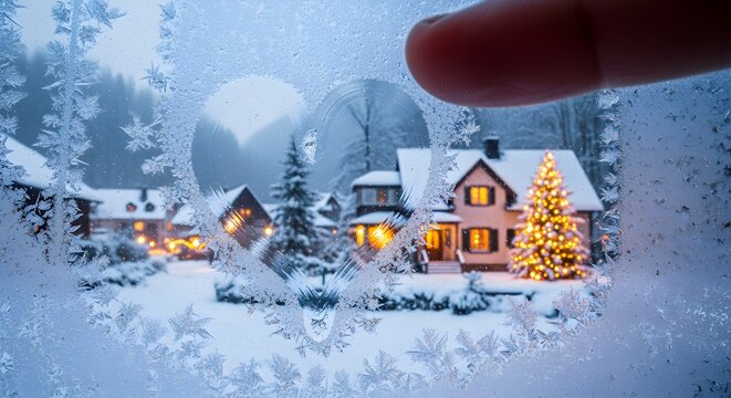A creative rephrasing of a close-up of a frosty window pane with a view of a snowy village below. Someone has drawn a heart in the condensation, and through it, you can see a single house with a