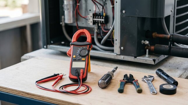 Professional clamp meter and HVAC tools on workbench beside heat pump service panel for maintenance concept