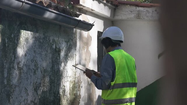 Building inspector wearing a hard hat and safety vest evaluating an old wall with moss and humidity, taking notes on a tablet to prepare a detailed report for property renovation
