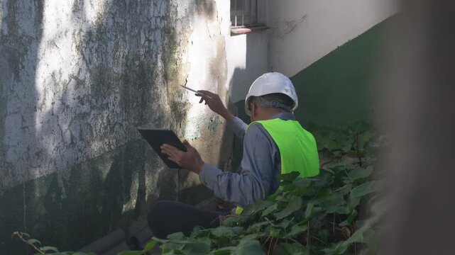 Building inspector examining wall damage with tablet for structural integrity. Civil engineer performing a building condition survey and identifying structural issues