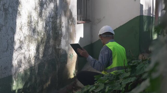 Building inspector with a tablet examining a cracked and moldy wall during a structural assessment, checking for moisture damage and structural integrity issues