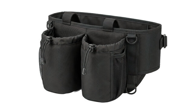 Black dual-pocket waist bag with adjustable straps and mesh sides