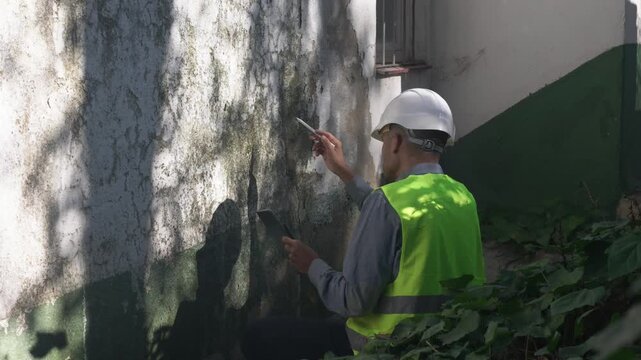 Building inspector surveying wall damage with tablet, wearing hard hat and safety vest to assess cracks and mold growth for home renovation and property maintenance