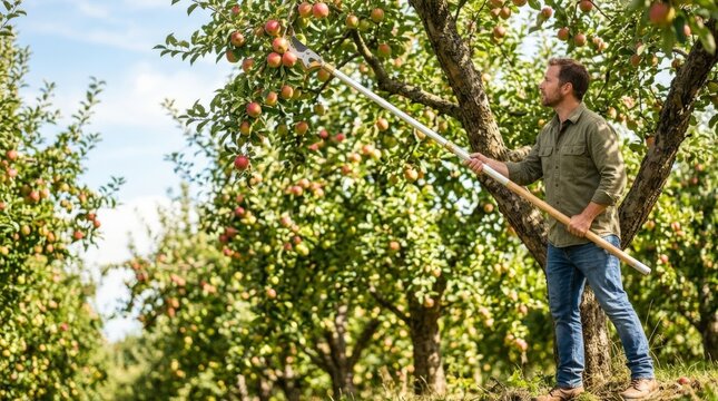Professional Orchardist Harvesting Ripe Apples Using a Long Reach Pole Lopper in a Sunlit Commercial Fruit Farm for Sustainable Agriculture and Seasonal Produce Sales