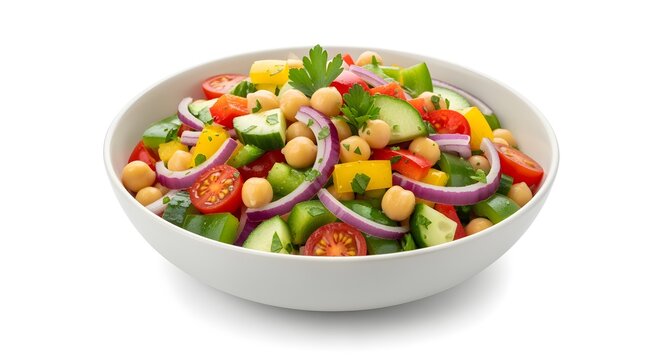 Chickpea salad with vegetables, isolated white background