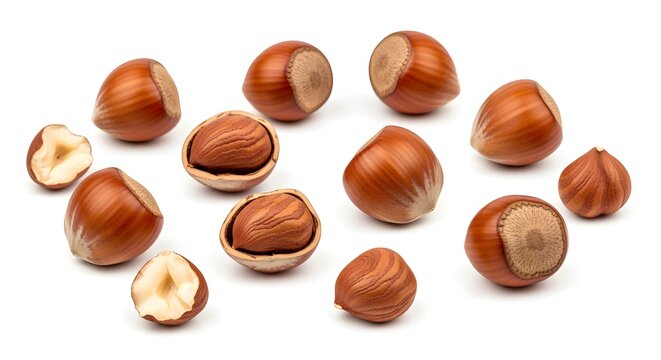Hazelnuts whole and cracked open, isolated pure white background