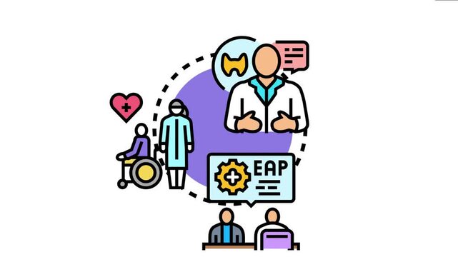 Medical health professionals, including a doctor and nurse, are providing comprehensive patient first assistance and emergency support with an employee assistance program for people needing care