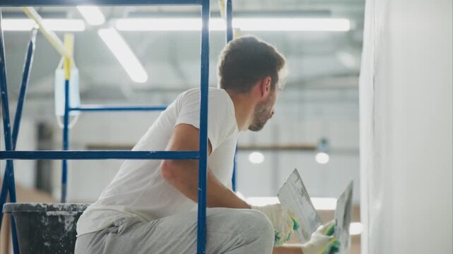 Craftsman works attentively on a wall surface. He crouches near scaffolding, focused on his task. Industrial setting with bright overhead lighting. Careful application suggests precision and skill