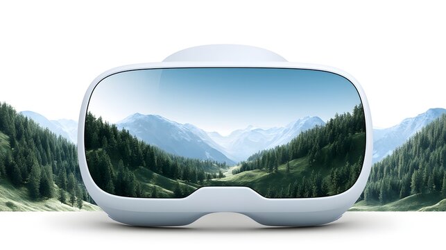 Virtual reality headset displaying a realistic mountain forest landscape. Immersive technology concept for travel ads.