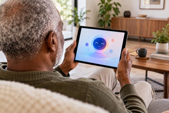 Older man exploring a friendly digital assistant on a tablet at home