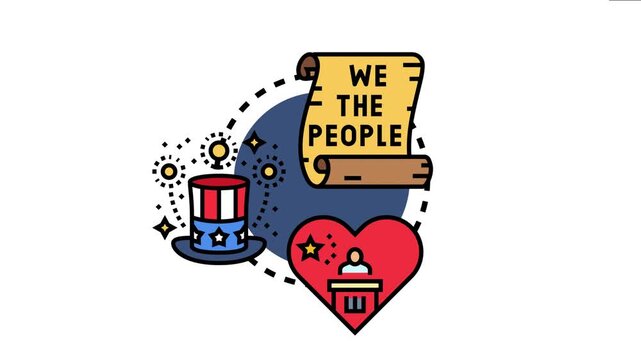 Political program concept including a scroll with we the people, a striped hat, and a heart shaped podium, symbolizing democracy, voting, and national pride