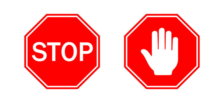 Stop sign icon set with raised hand symbols in red octagon. Traffic warning and prohibition signs for halt, road safety, entry restrictions and vehicle control