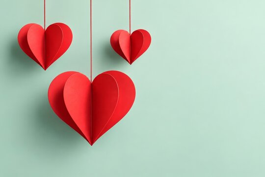 Folded red paper hearts suspended against a clean pale mint background