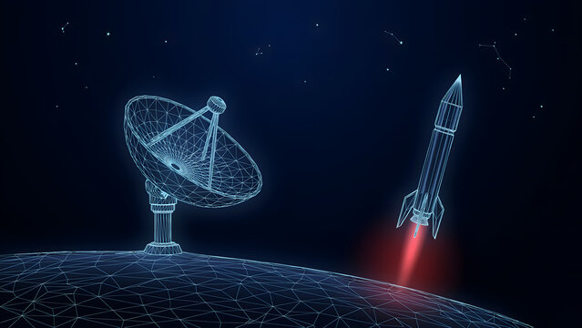 Space exploration graphic with satellite dish and rocket launch over