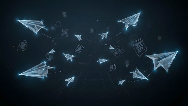 3d paper airplane clipart with digital document icons flying in