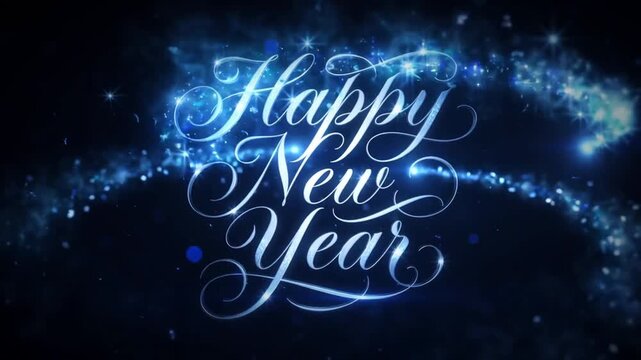 Glowing Blue Happy New Year Calligraphy with Sparkling Winter Particles