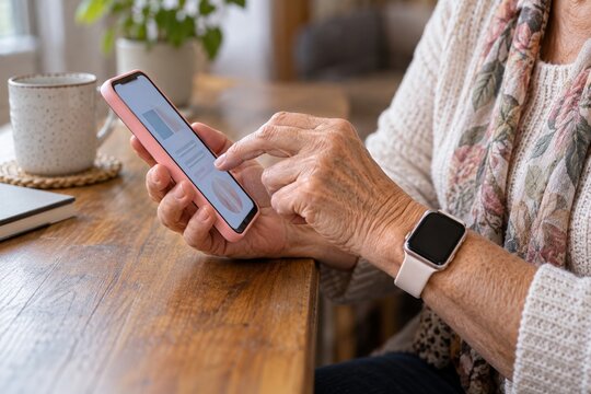 Older woman tapping a smartphone beside a wooden table with a smartwatch
