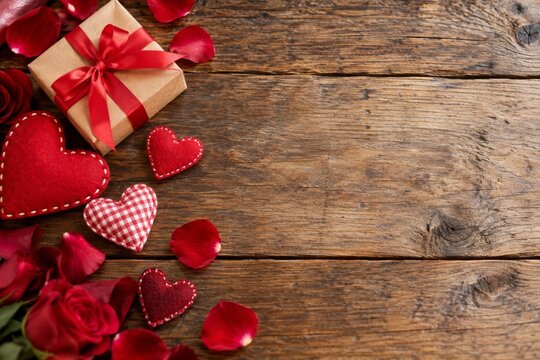 Valentine Gift and Stitched Felt Hearts on a Rustic Wooden Table
