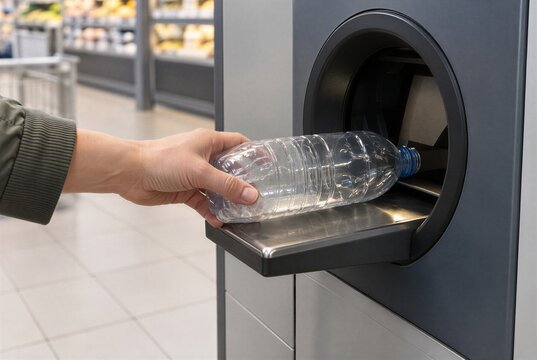 Customer inserting empty plastic PET bottle into reverse vending machine at supermarket deposit return station, sustainable packaging recycling concept
