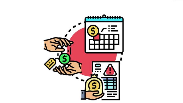 Payer information concept showing hands exchanging money, a calendar with a dollar sign for payment dates, and a document with a warning sign, financial data and transactions