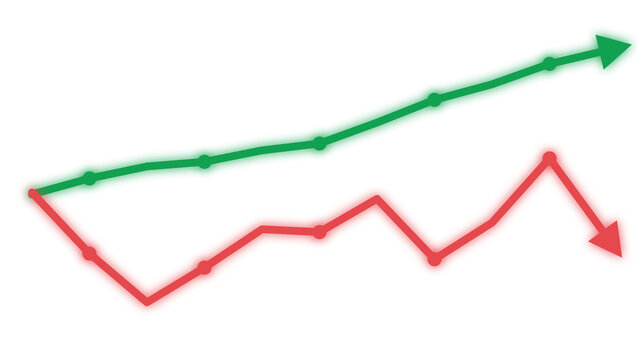 Green upward growth arrow line and red downward business decline arrow icon on white background