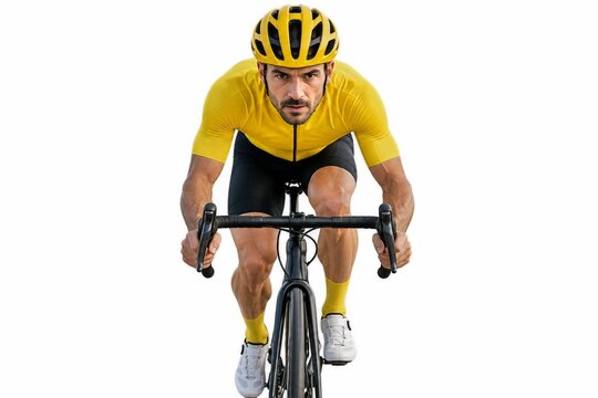 Cyclist in a yellow jersey leaning over a racing bicycle against white